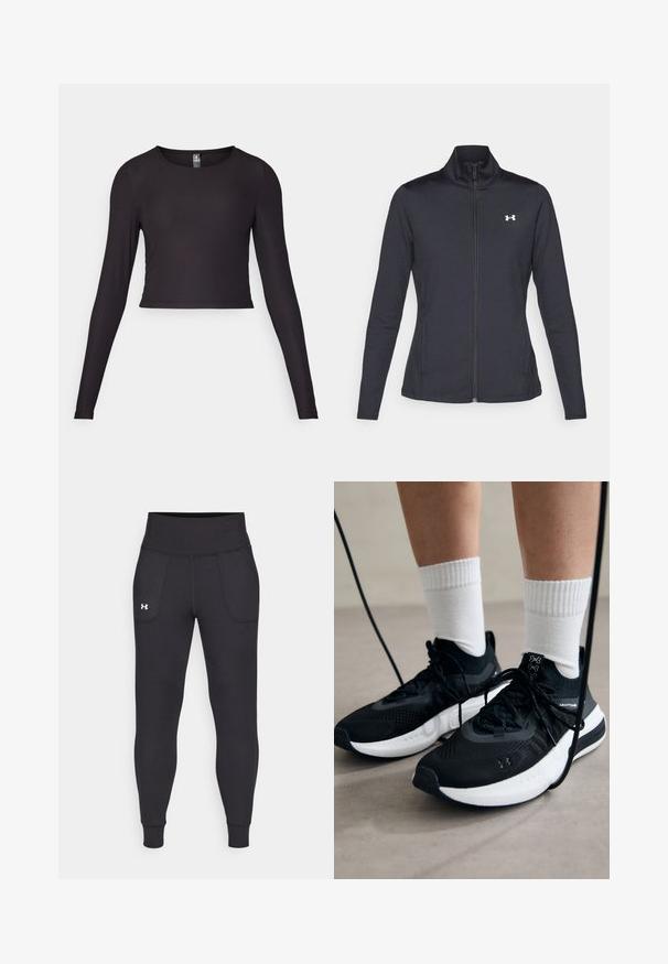 Melnās sporta jakas izgatavotas no gludas, elastīgas auduma ar augstu apkakli un pilnu rāvējslēdzēju, ar nelielu baltu logo augšējā kreisajā pusē.; Melnā garumās piedurknes īsajā augšpusē, kas izgatavota no ribota auduma. Iezīmē apaļu dekoltē un pieguļošu siluetu ar strukturētu virsmu.; Melnas sporta legingi, kas izgatavoti no stiepjama materiāla, ar augstu jostasvietu, sānu kabatām un pieguļošiem anklets.; Melni sporta apavi ar strukturētu audumu, balta zole un melni šņores. Valkāti ar baltām ribotām zeķēm, stāvot uz gaišas virsmas.