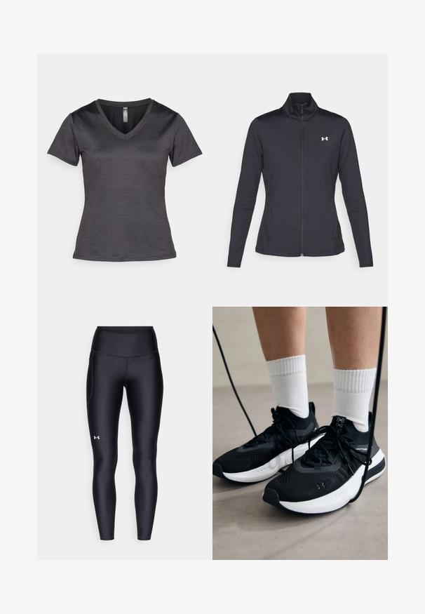 Giacca sportiva nera realizzata in tessuto morbido ed elasticizzato, con colletto alto e zip completa, caratterizzata da un piccolo logo bianco sul lato sinistro superiore.; T-shirt grigio scuro a V con maniche corte, realizzato in un tessuto liscio. Presenta un logo discreto sul petto e un design slim fit.; Leggings neri realizzati in materiale morbido e stretch con vita alta. Presentano un logo bianco sulla coscia sinistra e un design aderente.; Scarpe sportive nere con tessuto testurizzato, suola bianca e lacci neri. Indossate con calzini bianchi a costine, in piedi su una superficie chiara.