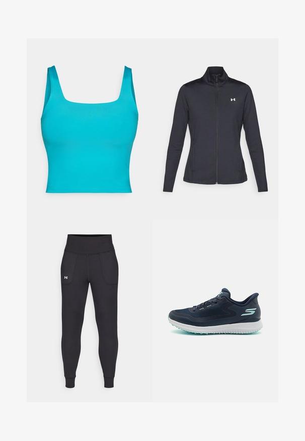 Svart treningsjakke laget av glatt, elastisk stoff med høy krage og hel glidelås, med en liten hvit logo på øvre venstre side.; Turkis-farget tettsittende crop top med bred kvadratisk halsutskjæring, glatt tekstur, og uten synlige mønstre eller detaljer. Korte, brede stropper.; Svarte sportsleggings laget av elastisk materiale, med høy midje, sidelommer og tettsittende mansjetter ved ankelen.; Mørkeblå joggesko med et pustende mesh-overdel, hvit mellomsåle og lyseblå detaljer. Har en strukturert såle for godt grep.