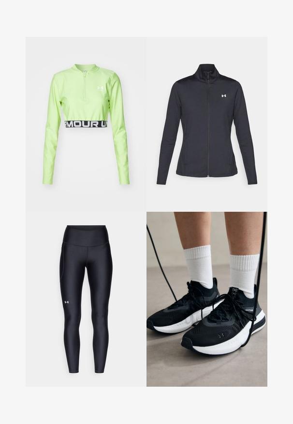 Fekete sportos dzseki sima, rugalmas anyagból, magas gallérral és teljes cipzárral, az elülső bal oldalon egy kis fehér logóval.; Világoszöld, hosszú ujjú crop top negyed cipzárral és fekete derékrésszel, amelyen fehér betűkkel az "ARMOUR" felirat található. Sima, sportos anyag.; Fekete leggings sima, rugalmas anyagból, magas derékkal. Bal combján fehér logó található, és testhezálló kialakítású.; Fekete sportcipők textúrált anyagból, fehér talppal és fekete fűzőkkel. Fehér bordázott zoknikkal viselve, világos felületen állva.