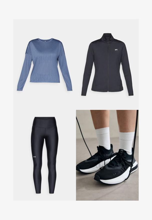 Casaco atlético preto feito de um tecido liso e elástico, com gola alta e zíper completo, apresentando um pequeno logótipo branco no canto superior esquerdo.; Top azul de manga longa com uma textura suave, decote redondo e ombros ligeiramente caídos. Padrão subtil acrescenta interesse visual.; Leggings pretos feitos de material liso e elástico, com uma cintura alta. Apresentam um logotipo branco na coxa esquerda e um design ajustado.; Sapatilhas desportivas pretas com tecido texturizado, sola branca e atacadores pretos. Usadas com meias brancas caneladas, a pé sobre uma superfície clara.