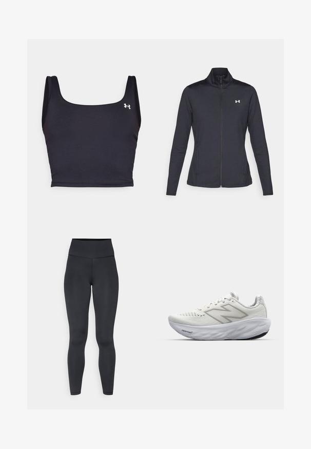 Črna atletska jakna iz gladkega, raztegljivega blaga z visokim ovratnikom in polnim zadrgo, ki ima majhen bel logotip na zgornji levi strani.; Črn športni kratki top iz gladkega materiala, s kvadratnim izrezom in širokimi naramnicami. Vključuje majhen bel logotip na strani.; Visok pas črne leggins hlače iz raztegljivega materiala, z gladko teksturo in prilegajočim dizajnom, z minimalnimi šivi.; Bele atletske čevlje z mrežastim zgornjim delom, ki imajo oblazinjen ovratnik, teksturiran podplat in logo "Fresh Foam" na srednjem podplatu.