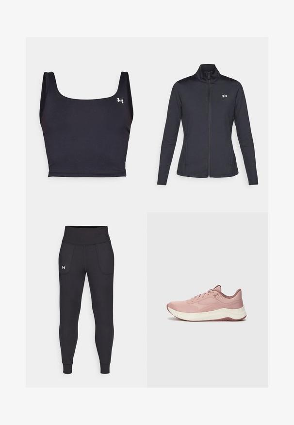 Mustmust mustrits mustritud jahk, valmistatud sujuvast, venivast kangast, kõrge kraega ja täispika tõmbluku ning väikese valge logoga vasakul üleval poole.; Mustvalge spordikrop, mis on valmistatud siledast materjalist, ruudukujulise kaelusega ja laiemate rihmadega. Küljel on väike valge logo.; Mustad must-harjutuslegid, mis on valmistatud elastse materjali jaoks, kõrge vöökoha, küljetaskute ja tihedalt istuvate pahkluude vahega.; Kerge roosa spordijalats, millel on võrgust pealmine osa, pehmendatud kaelus ja valge vaheosa. Omab tekstuuriga mustreid ja kummist tallat, mis tagab haarduvuse.