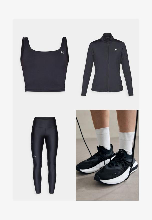 Černá sportovní bunda vyrobená z hladké a elastické textilie, s vysokým límcem a plným zipem, která má malé bílé logo na levé horní části.; Černý sportovní crop top vyrobený z hladkého materiálu, s čtvercovým výstřihem a širokými ramínky. Obsahuje malé bílé logo na boku.; Černé leginy vyrobené z hladkého, pružného materiálu s vysokým pasem. Obsahují bílé logo na levém stehně a mají přiléhavý střih.; Černé sportovní boty s texturovanou tkaninou, bílou podrážkou a černými tkaničkami. Nosené s bílými žebrovanými ponožkami, stojící na světlém povrchu.
