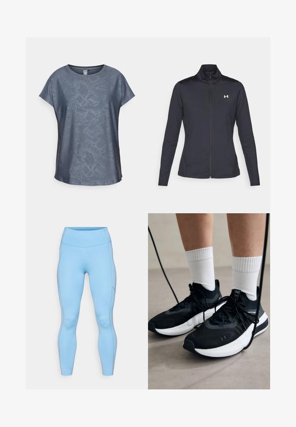 Melnās sporta jakas izgatavotas no gludas, elastīgas auduma ar augstu apkakli un pilnu rāvējslēdzēju, ar nelielu baltu logo augšējā kreisajā pusē.; ONLY Play ONPAUB-SNAKE LIFE LOOSE TEE - Apdrukāts T-krekls - blue; Gaiši zili legingi, kas izgatavoti no elastīga auduma. Rūpīgi veidota augstas vids josta, gluda tekstūra un noapaļoti šuvi gar kājām.; Melni sporta apavi ar strukturētu audumu, balta zole un melni šņores. Valkāti ar baltām ribotām zeķēm, stāvot uz gaišas virsmas.