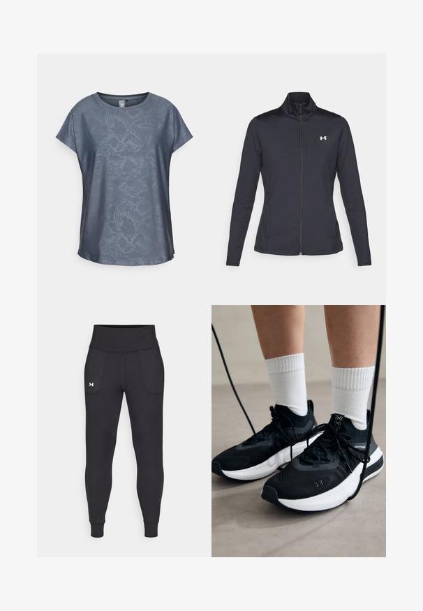 Juodas sportinis švarkas, pagamintas iš lygios, elastingos medžiagos, su aukštu apykakle ir pilnu užtrauktuku, su maža balta logo kairiajame viršutiniame kampe.; ONLY Play ONPAUB-SNAKE LIFE LOOSE TEE - Marškinėliai su spaudiniu - blue; Juodos sportinės leginsai, pagaminti iš tamprių medžiagų, su aukštu juosmeniu, šoninėmis kišenėmis ir priglundančiomis blauzdų manžetėmis.; Juodi sportiniai batai su tekstūruotu audiniu, balta padu ir juodais raiščiais. Dėvimi su baltais raištiniais kojiniais, stovint lengvame paviršiuje.