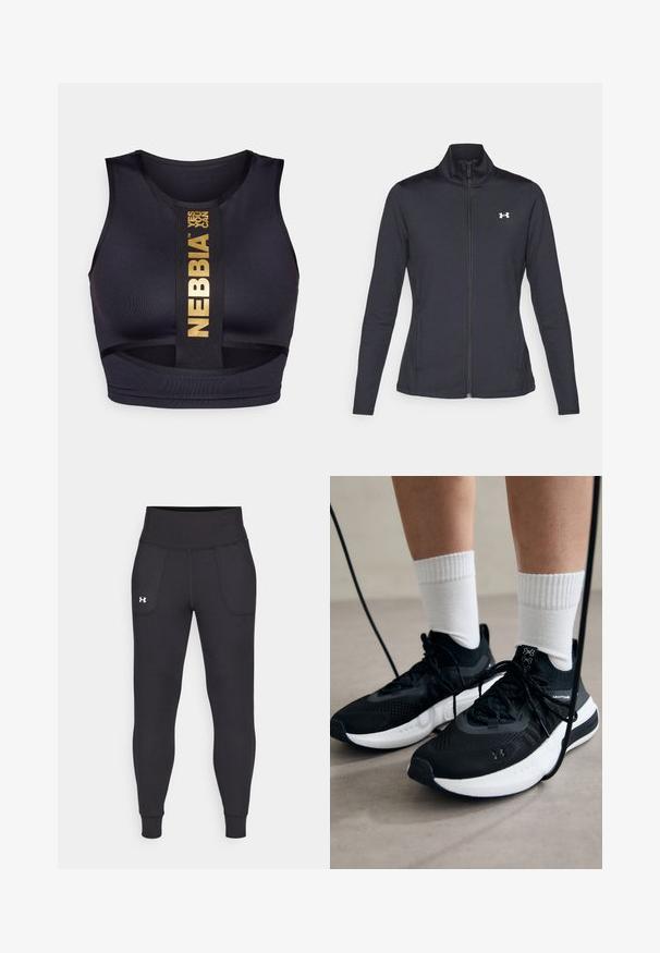 Fekete sportos dzseki sima, rugalmas anyagból, magas gallérral és teljes cipzárral, az elülső bal oldalon egy kis fehér logóval.; Fekete sportrúha testhezálló kialakítással. Középső sávján arany logó és felirat található. Simogató, rugalmas anyagból készült.; Fekete sportleggings rugalmas anyagból, magas derékfűzéssel, oldalsó zsebekkel és szűkített szárakkal a bokán.; Fekete sportcipők textúrált anyagból, fehér talppal és fekete fűzőkkel. Fehér bordázott zoknikkal viselve, világos felületen állva.