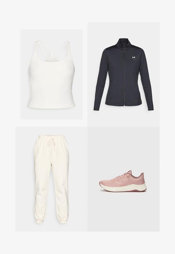 Veste de sport noire en tissu lisse et extensible avec un col montant et une fermeture éclair intégrale, arborant un petit logo blanc sur le côté supérieur gauche.; Fabletics PRINCIPAL BUILT IN BRA TANK - Débardeur - bone; Un pantalon de sudation couleur crème en tissu doux, avec une taille élastique dotée d'un cordon de serrage, des poches latérales et des poignets ajustés aux chevilles.; Baskets de sport roses clairs avec tige en maille, col rembourré et semelle intermédiaire blanche. Présente des motifs texturés et une semelle en caoutchouc avec traction.