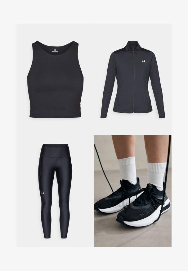 Schwarze Sportjacke aus glattem, dehnbarem Stoff mit hohem Kragen und durchgehendem Reißverschluss, ausgestattet mit einem kleinen weißen Logo auf der oberen linken Seite.; Schwarzes Cropped Top aus glattem, elastischem Stoff mit rundem Halsausschnitt und breiten Schulterträgern. Hat keine sichtbaren Logos oder Verzierungen.; Schwarze Leggings aus glattem, elastischem Material mit einem hohen Bund. Mit einem weißen Logo auf dem linken Oberschenkel und tailliertem Design.; Schwarze Sportschuhe aus strukturiertem Stoff, mit weißer Sohle und schwarzen Schnürsenkeln. Tragen mit weißen gerippten Socken, stehen auf einer hellen Fläche.