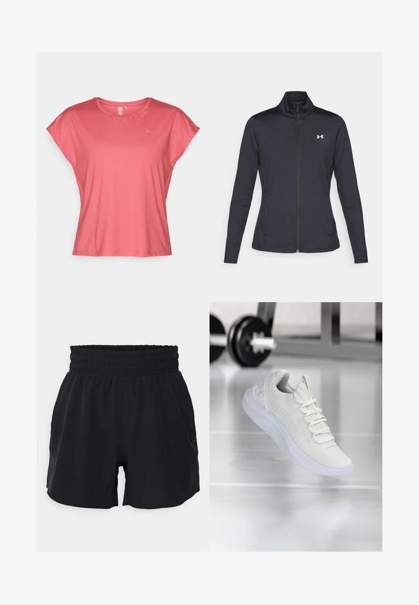 Czarna sportowa kurtka z gładkiego, elastycznego materiału, z wysokim kołnierzem i pełnym zamkiem, z małym białym logo na górnej lewej stronie.; Koszulka z krótkim rękawem w kolorze koralowym, wykonana z gładkiego materiału, z okrągłym dekoltem oraz luźnym krojem. Posiada minimalne oznaczenie marki w lewym górnym rogu.; Czarne sportowe szorty z elastycznym paskiem w talii, gładkiego materiału i luźnym kroju. Szorty posiadają boczne kieszenie oraz długość do połowy uda.; Białe sportowe sneakersy z teksturowaną siateczką u góry i systemem sznurowania, charakteryzujące się wyściełaną białą podeszwą oraz subtelnymi żeberkowymi akcentami.