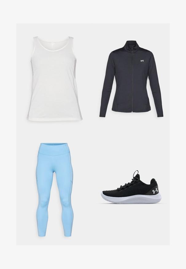 Svart treningsjakke laget av glatt, elastisk stoff med høy krage og hel glidelås, med en liten hvit logo på øvre venstre side.; Hvit ermeløs tanktop laget av mykt stoff; har rund halsutskjæring og normal passform, med en jevn tekstur og ferdig kant.; Lys blå leggings laget av elastisk stoff. Har høy midje, jevn tekstur og buede sømmer langs beina.; Sorte atletiske sko med en pustende mesh-overdel, teksturert detailing og en hvit gummisåle. Har flate snører og en pull-tab på hælen.