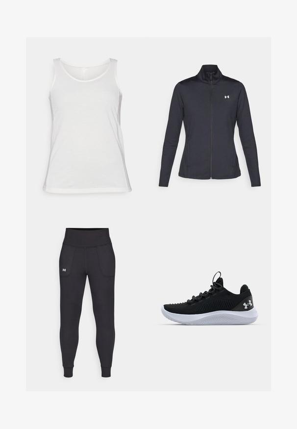 Musta urheilutakki, joka on valmistettu sileästä ja joustavasta kankaasta. Takissa on korkea kaulus ja täysipitkä vetoketju, sekä pieni valkoinen logo vasemmalla ylhäällä.; Valkoinen ilman hihansuita oleva t-paita, joka on valmistettu pehmeästä kankaasta; siinä on pyöreä kaula-aukko ja normaali istuvuus, hieno tekstuuri ja viimeistelty helma.; Mustat urheiluhousut, jotka on valmistettu venyvästä materiaalista. Niissä on korkea vyötärö, sivutaskut ja tiukat lahkeensuuthteet.; Mustat urheilukengät, joissa on hengittävä verkkomateriaali, tekstuuriset yksityiskohdat ja valkoinen kumipohja. Varustettu litteillä nauhoilla ja kantapään vetotarralla.