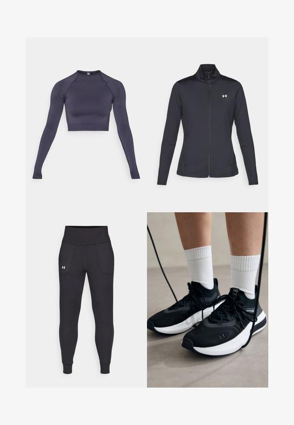 Svart idrottsjacka i slät, elastisk tyg med hög krage och hel dragkedja, med en liten vit logotyp på övre vänstra sidan.; Långärmad, kort topp i mörkgrått tyg. Har hög krage, figurnära design och ribbad nederkant. Slät textur med minimala sömmar.; Svarta träningsleggings i elastiskt material, med hög midja, sidofickor och åtsittande manschetter vid ankeln.; Svarta sportskor med texturerat tyg, vit sula och svarta snören. Bärs med vita reglerade strumpor, stående på en ljus yta.
