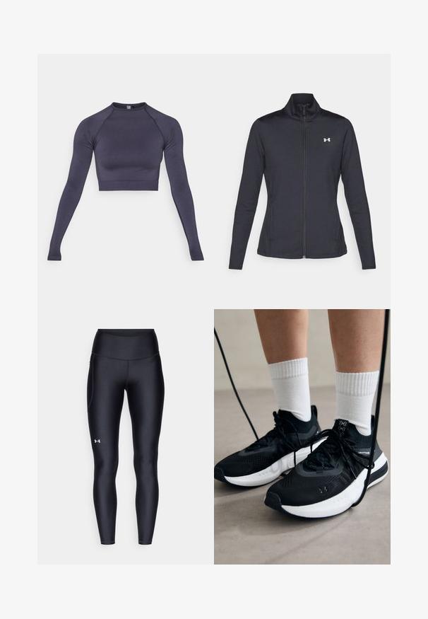 Melnās sporta jakas izgatavotas no gludas, elastīgas auduma ar augstu apkakli un pilnu rāvējslēdzēju, ar nelielu baltu logo augšējā kreisajā pusē.; Garais pelēkais audums, ar garām piedurknēm un īsu topu. Rūpīgi piegriezta augsta kakla, pieguļošs dizains un ribota apmale. Gluda tekstūra ar minimālām šuvēm.; Melnas leginses, kas izgatavotas no gluda, elastīga materiāla ar augstām jostām. Ir balta logo kreisajā augšstilbā un pieguļoša piegriezuma dizains.; Melni sporta apavi ar strukturētu audumu, balta zole un melni šņores. Valkāti ar baltām ribotām zeķēm, stāvot uz gaišas virsmas.