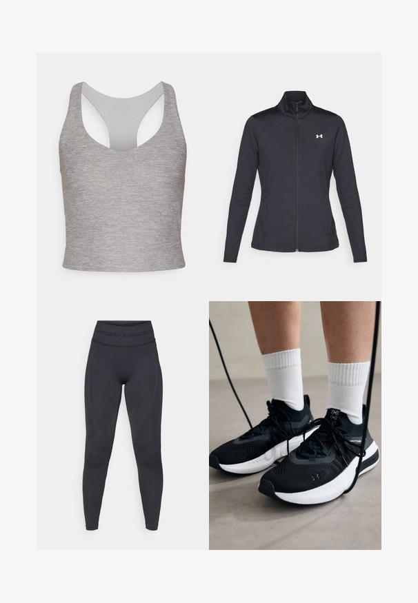 Juodas sportinis švarkas, pagamintas iš lygios, elastingos medžiagos, su aukštu apykakle ir pilnu užtrauktuku, su maža balta logo kairiajame viršutiniame kampe.; Pilkos spalvos be rankovių trumpas viršus su plačia apvali kaklo iškirpte ir išpjauta nugarine dalimi. Pagamintas iš minkštos, elastingos medžiagos su lygia tekstūra.; Juodos leggingai su aukštu elastiniu juosmeniu, kuriame yra tekstas "UNDER ARMOUR". Lygus paviršius su subtiliais raštų akcentais palei kojas.; Juodi sportiniai batai su tekstūruotu audiniu, balta padu ir juodais raiščiais. Dėvimi su baltais raištiniais kojiniais, stovint lengvame paviršiuje.