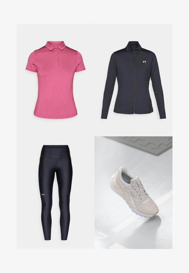 Svart idrottsjacka i slät, elastisk tyg med hög krage och hel dragkedja, med en liten vit logotyp på övre vänstra sidan.; Rosa polo skjorta gjord av mjukt tyg, med krage, sexknapps stolpe och korta ärmar. Enkel, figursydd design med en ren finish.; Svarta leggings i ett smidigt, stretchigt material med hög midja. Har en vit logotyp på vänstra låret och en åtsittande design.; Ljusbeige träningsskor med perforerat ovandel, texturerade detaljer, vadderad krage och vit gummisula, designade för komfort och andningsförmåga.