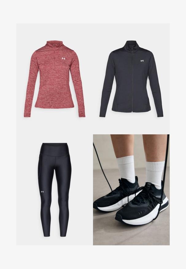 Schwarze Sportjacke aus glattem, dehnbarem Stoff mit hohem Kragen und durchgehendem Reißverschluss, ausgestattet mit einem kleinen weißen Logo auf der oberen linken Seite.; Rotes Langarmshirt mit Viertelreißverschluss und hohem Kragen, aus strukturiertem, meliertem Stoff. Besitzt ein weißes Logo auf der linken Brust.; Schwarze Leggings aus glattem, elastischem Material mit einem hohen Bund. Mit einem weißen Logo auf dem linken Oberschenkel und tailliertem Design.; Schwarze Sportschuhe aus strukturiertem Stoff, mit weißer Sohle und schwarzen Schnürsenkeln. Tragen mit weißen gerippten Socken, stehen auf einer hellen Fläche.
