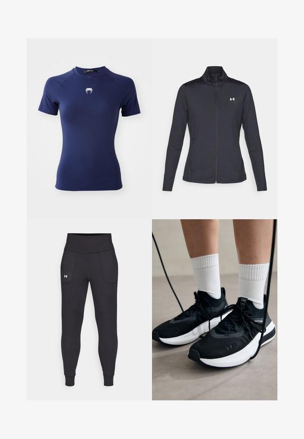 Svart treningsjakke laget av glatt, elastisk stoff med høy krage og hel glidelås, med en liten hvit logo på øvre venstre side.; Marineblå kortermet treningstopp med en tettsittende design. Har en hvit logo på brystet, glatt tekstur og raglan-sømmkonstruksjon.; Svarte sportsleggings laget av elastisk materiale, med høy midje, sidelommer og tettsittende mansjetter ved ankelen.; Svarte treningssko med teksturert stoff, hvit såle og svarte snøringer. Brukt med hvite ribbestrikkede sokker, stående på en lys overflate.