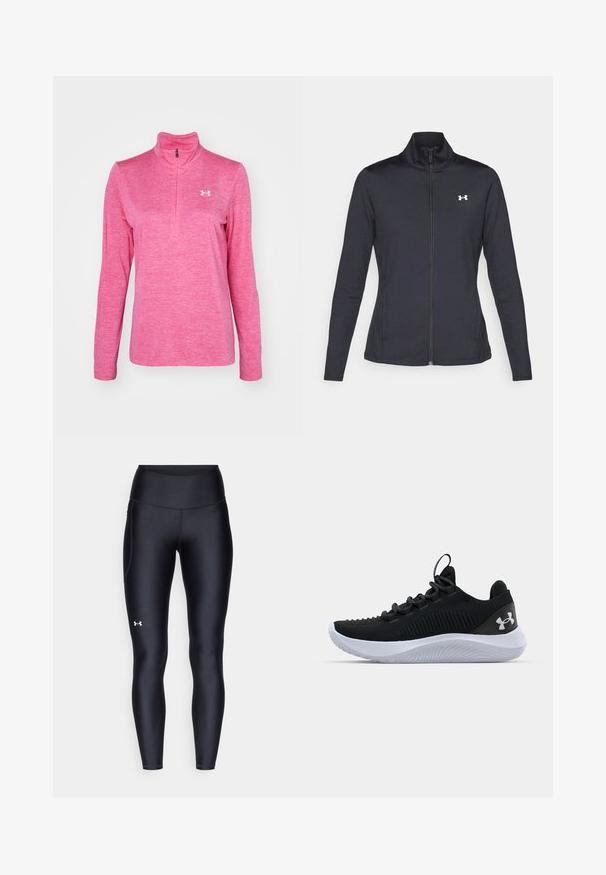 Sort atletisk jakke lavet af glat, strækbart stof med høj krave og fuld lynlås, der har et lille hvidt logo på den øverste venstre side.; Lyserød langærmet quarter-zip pullover lavet af tekstureret stof, med et lille hvidt logo på venstre bryst og en mock-krave.; Sorte leggings lavet af glat, strækbart materiale med høj talje. Har et hvidt logo på venstre lår og en tætsiddende design.; Sorte træningssko med en åndbar mesh-overdel, strukturerede detaljer og en hvid gummisål. Har flade snørebånd og en hæltrækstrop.