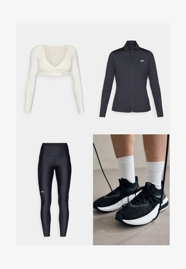 Black athletic jacket made of smooth, stretchy fabric with a high collar and full zipper, featuring a small white logo on the upper left side.; White long-sleeve crop top with a deep V-neckline and twisted front design, made from a smooth, stretchy fabric.; Black leggings made of smooth, stretchy material with a high waistband. Features a white logo on the left thigh and fitted design.; Black athletic shoes with textured fabric, white sole, and black laces. Worn with white ribbed socks, standing on a light surface.