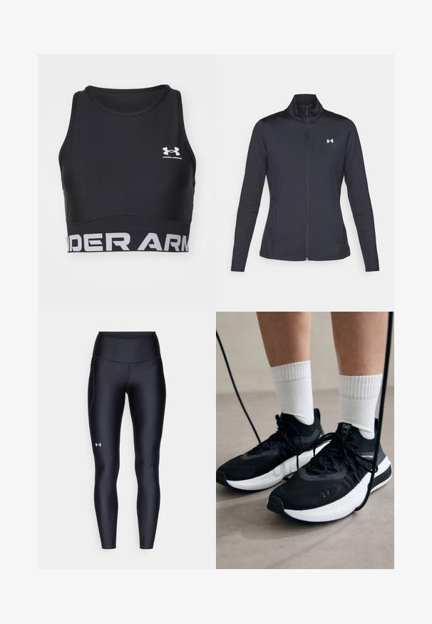 Svart idrottsjacka i slät, elastisk tyg med hög krage och hel dragkedja, med en liten vit logotyp på övre vänstra sidan.; Svart sport-bh gjord av ett mjukt, lätt material. Har en rund halsringning, bred elastisk band med "UNDER ARMOUR" i vitt, och är ärmlös.; Svarta leggings i ett smidigt, stretchigt material med hög midja. Har en vit logotyp på vänstra låret och en åtsittande design.; Svarta sportskor med texturerat tyg, vit sula och svarta snören. Bärs med vita reglerade strumpor, stående på en ljus yta.