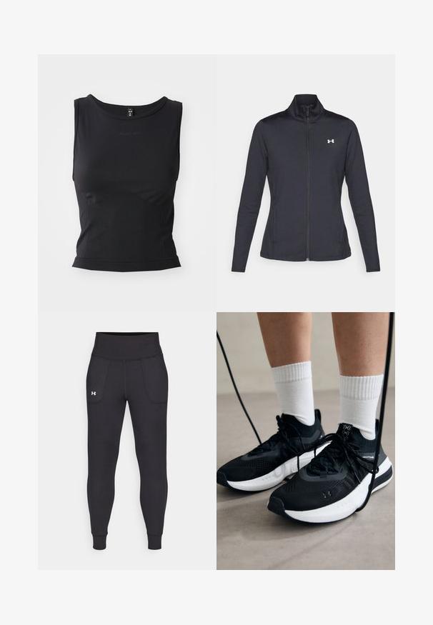 Schwarze Sportjacke aus glattem, dehnbarem Stoff mit hohem Kragen und durchgehendem Reißverschluss, ausgestattet mit einem kleinen weißen Logo auf der oberen linken Seite.; Schwarzes ärmelloses Sporttop aus glattem Material, mit rundem Ausschnitt und taillierter Silhouette, ausgestattet mit dezenten Logodetails.; Schwarze Sportleggings aus dehnbarem Material, mit hohem Taillenbund, seitlichen Taschen und schmalen Bündchen am Knöchel.; Schwarze Sportschuhe aus strukturiertem Stoff, mit weißer Sohle und schwarzen Schnürsenkeln. Tragen mit weißen gerippten Socken, stehen auf einer hellen Fläche.