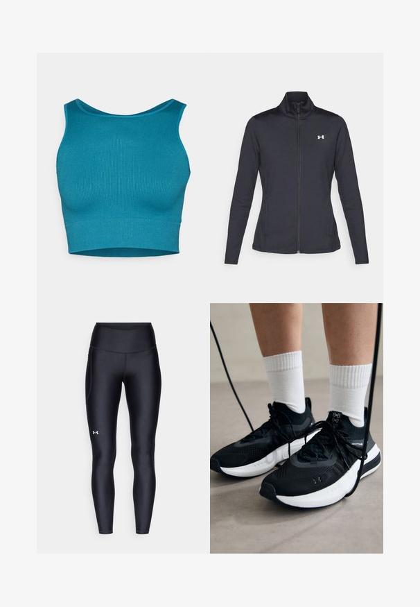 Jachetă sport neagră realizată dintr-un material neted și elastic, cu guler înalt și fermoar complet, având un mic logo alb în colțul din stânga sus.; Top de formă scurtă, ribatată, în nuanță de teal, cu decolteu rotund și bretele late, fabricat dintr-un material elastic pentru un aspect ajustat. Detalii cu textură pe suprafață.; Colanți negri dintr-un material neted și elastic, cu un brâu înalt. Prezentând un logo alb pe cuartul stâng și un design ajustat.; Căști atletice negre cu țesătură texturată, talpă albă și șireturi negre. Purtați cu șosete albe cu riflaje, stând pe o suprafață deschisă.