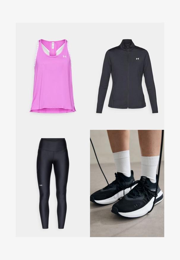 Svart treningsjakke laget av glatt, elastisk stoff med høy krage og hel glidelås, med en liten hvit logo på øvre venstre side.; Under Armour KNOCKOUT TANK - Topper - vivid magenta/white; Sorte leggings laget av glatt, elastisk materiale med høy midje. Har en hvit logo på venstre lår og en tettsittende design.; Svarte treningssko med teksturert stoff, hvit såle og svarte snøringer. Brukt med hvite ribbestrikkede sokker, stående på en lys overflate.