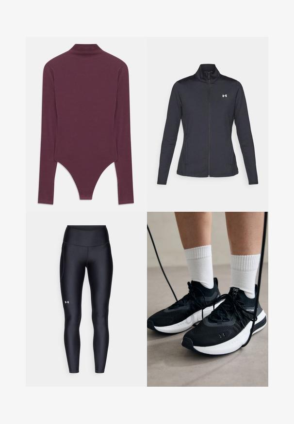 Čierna športová bunda vyrobená z hladkého, elastického materiálu s vysokým golierom a plným zipsom, s malým bielym logom na hornej ľavej strane.; Burgundský dlhý rukáv body s vysokým golierom, vyrobené z mäkkej tkaniny, s tangovým strihom na spodnej časti a priliehavými rukávmi.; Čierne legíny vyrobené z hladkého, elastického materiálu s vysokým pásom. Obsahujú biele logo na ľavom stehne a sú strihané na telo.; Čierne športové topánky s textúrovanou tkaninou, bielou podrážkou a čiernymi šnúrkami. Nosené s bielymi rebrovanými ponožkami, postavené na svetlom povrchu.