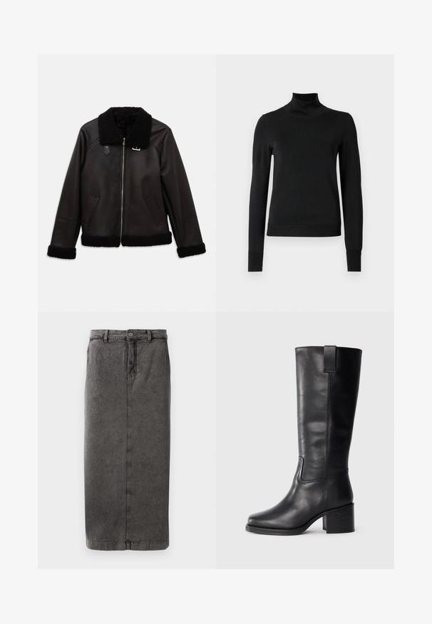 Crna kožna jakna s umjetnim ovčjim krznom na ovratniku i manžetama. Ima prednji zip i bočne džepove. Glatka tekstura s minimalističkim dizajnom.; Crna dugosruga majica s rolijom i rebrastim manžetama i donjim rubom, prikazana na jednostavnoj bijeloj pozadini.; Siva suknja od pamuka sa ravnim siluetom, zatvaranje na dugme i patentni zatvarač, petlje za remen i jedan stražnji džep.; Crne kožne čizme do koljena s glatkom teksturom, kvadratnim vrhom, blok petom i bočnim ručkom, s minimalnim detaljima šivanja.