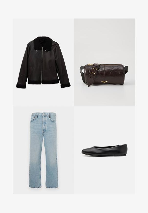 Musta nahkatakki, jossa on tekoturkiskaulus ja -hihansuut. Varustettu edessä vetoketjulla ja sivutaskuilla. Sileä pinta ja minimalistinen muotoilu.; Valkoinen pitkähihaisella pyöreällä kauluksella varustettu paita, jossa on pieni "Tiger of Sweden" -labeli kaula-aukon kohdalla tasaista taustaa vasten.; Vaaleansiniset farkut suora lahjeratkaisu, viisi taskua ja kuparinvärinen varustus. Raaka helma, jossa on hieno haalistuma ja tekstuuri.; Paul Smith TOPANGA - Ballerinat - black; Ruskea krokotiilinkuosilla varustettu nahkalaukku, jossa on sylinterimäinen muoto, kultasävyiset yksityiskohdat ja irrotettava hihna, jossa on niittejä.