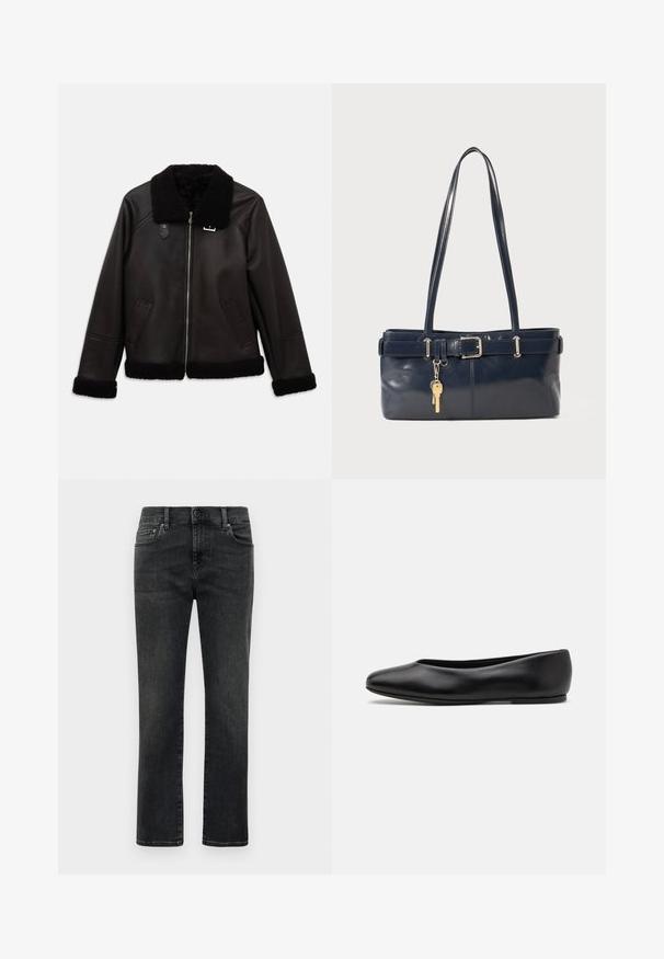 Crna kožna jakna s umjetnim ovčjim krznom na ovratniku i manžetama. Ima prednji zip i bočne džepove. Glatka tekstura s minimalističkim dizajnom.; Crni dugi rukav turtleneck majica izrađena od glatkog materijala, s volanima oko vrata i uskim siluetom s jednostavnim rubovima.; Muške ravne crne izblijede traperice s prednjim dugmetom i dizajnom od pet džepova na jednobojnoj bijeloj pozadini.; Paul Smith TOPANGA - Balerinke - black; Morska kožna torbica s dva duga ramena, detaljem kopče i privjeskom za ključeve. Ima glatku teksturu i pravokutni oblik.