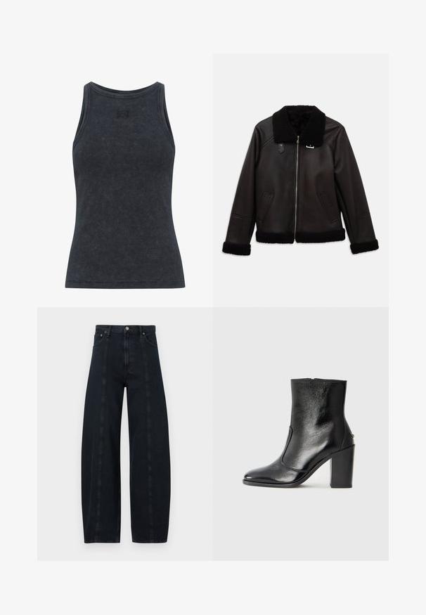 Čierna kožená bunda s umelým ovčím golierom a manžetami. Obsahuje predný zips a bočné vrecká. Hladká textúra s minimalistickým dizajnom.; Tmavošedý rebrovaný tielko s okrúhlym výstrihom a priliehavým strihom. Obsahuje jemný detail loga na hrudi. Mäkko, textúrovaná tkanina.; Široké tmavomodré džínsy s vysokým pásom, s kontrastným prešívaním a klasickým štýlom piatich vreciek. Hladká textúra, žiadne viditeľné vzory.; Čierna kožená kotníková obuv s hladkým povrchom, špicatou špičkou a masívnym vysokým podpätkom. Zdobená bočným otvorom a minimalistickým dizajnom.