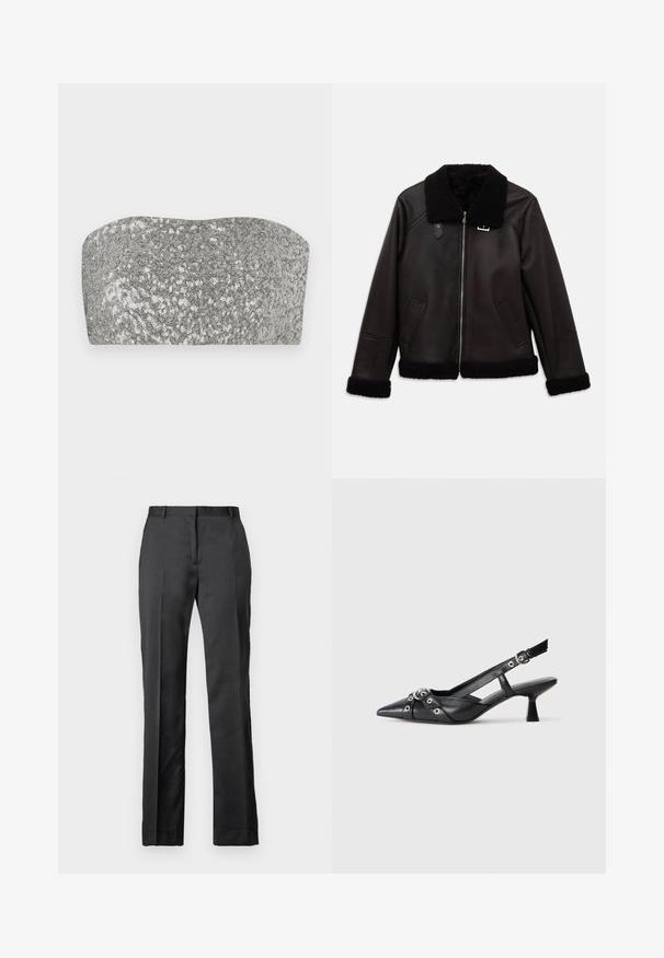 Giacca di pelle nera con colletto e polsini in ecopelliccia. Presenta una chiusura frontale con zip e tasche laterali. Texture liscia con design minimalista.; Top bandeau di paillettes argentate con un design curvo, texture liscia e finitura scintillante. Presenta una silhouette semplice e senza spalline.; Pantaloni neri su misura realizzati in un tessuto morbido. Presentano un design a gamba dritta, vita piatta e dettagli di piega sottili.; Scarpa slingback nera in pelle con punta affusolata, cinturini decorativi con occhielli metallici e tacco basso a blocco. Superficie testurizzata.
