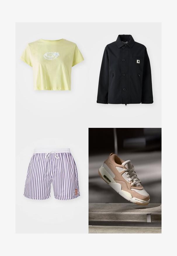 Must must, mis tugevast kangast, otse lõikega, nupuga eest, küljetaskute ja rinnataskuga, millel on logopaat.; Kerge kollane kroopitud T-särk, mis on valmistatud puuvillast. Ees on südamekujulise keskel valge lilleline graafika.; Meeste ujumispüksid valgetes toonides, millel on vertikaalsed lillad triibud, elastne vöökoht koos kinnitussüsteemiga ja vasakule küljele brodüüritud väike oranž logo.; Beež ja valge tenniseking, millel on sile nahk ja sametine viimistlus, varustatud pehmendatud keele, paelaga esiosaga ja nähtava õhkpadjaga.