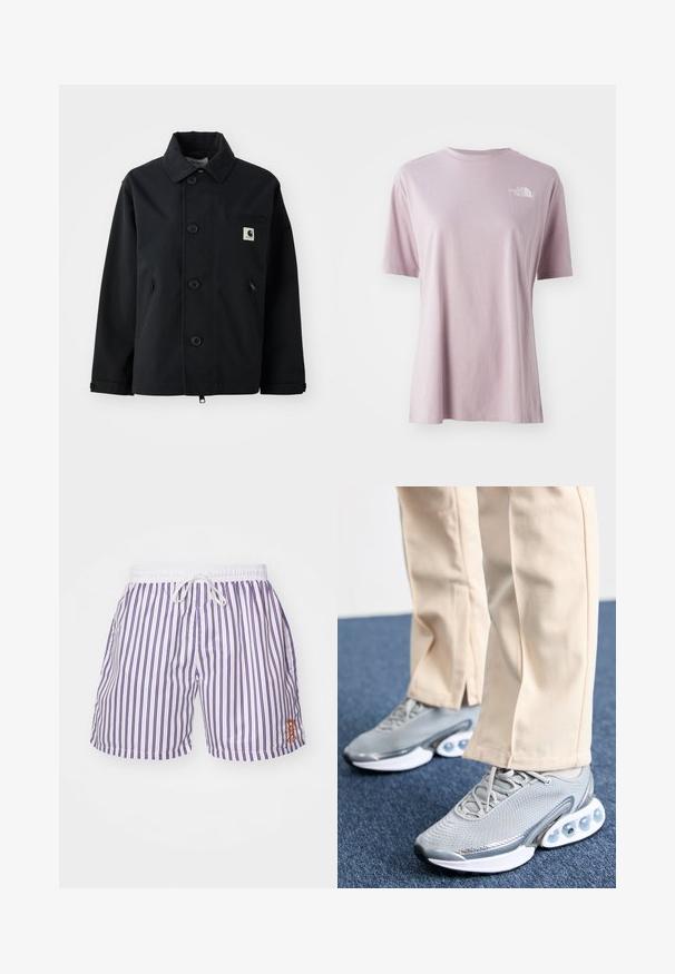 Must must, mis tugevast kangast, otse lõikega, nupuga eest, küljetaskute ja rinnataskuga, millel on logopaat.; Heled lillat värvi lühikeste varrukatega T-särk, mis on valmistatud pehmest kangast, esiküljel vasakul rinnal on valge logo ja särk on lõdva lõikega.; Meeste ujumispüksid valgetes toonides, millel on vertikaalsed lillad triibud, elastne vöökoht koos kinnitussüsteemiga ja vasakule küljele brodüüritud väike oranž logo.; Halluxhallutus, pehmendava talla ja võrgu ülemine osa; tallas on lisatoeks väikesed õhkblödid.