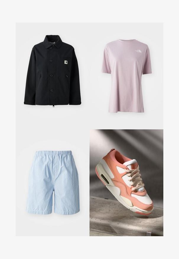Giacca nera realizzata in tessuto resistente con taglio diritto, caratterizzata da chiusura con bottoni, tasche laterali e una tasca sul petto con un patch del logo.; T-shirt corto a maniche corte di colore viola chiaro, realizzato in tessuto morbido, con un logo bianco sulla parte superiore sinistra del petto e un design con vestibilità comoda.; Pantaloni corti azzurri chiari realizzati in tessuto con righe verticali. Vita elastica e orli risvoltati, che mostrano uno stile semplice e rilassato.; Sneaker con una toma in morbido rosa e bianco, pannelli in suede texturizzato, collare imbottito e un'unità d'aria visibile nel tallone. Suola color crema.