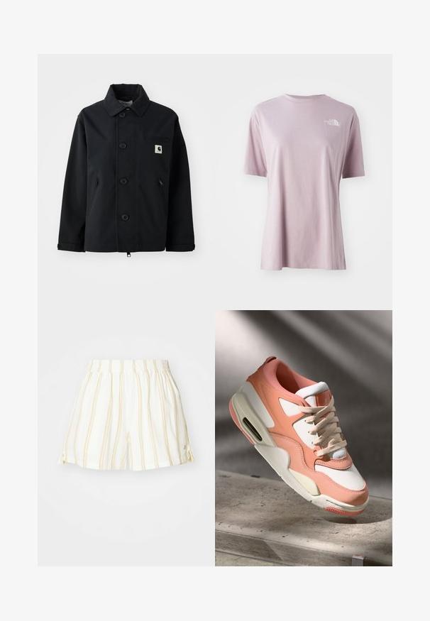 Melnā jaka, izgatavota no izturīga auduma ar taisnu griezumu, ar pogu aizdari priekšpusē, sānu kabatām un krūšu kabatu ar logotipa uzšuvi.; Gaiši violets īsām piedurknēm t-krekls, kas izgatavots no mīksta auduma, ar baltu logotipu kreisajā augšējā krūtī un brīvu piegriezumu.; Baltās šortus ar plānām dzeltenām vertikālām svītrām, elastīgu jostu un sānu atverēm. Izgatavoti no viegla, elpojoša auduma.; Kedai ar maigu rozā un baltā augšdaļu, strukturētu zamšādas paneļu, mīkstu apkakli un redzamu gaisa vienību papēdī. Krēmbalti zole.