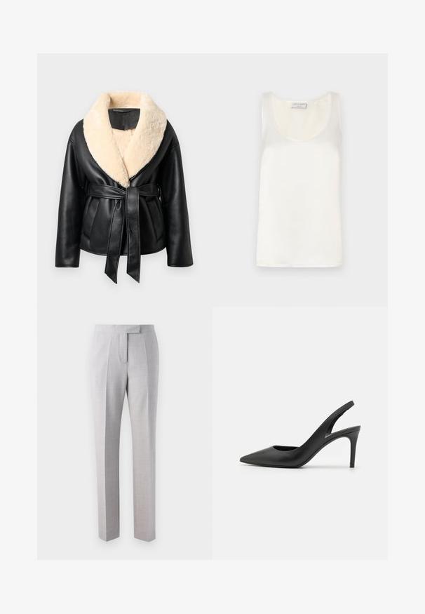 Zwarte leren jas met een brede crèmekleurige nepbontkraag. Voorzien van een ceintuur in de taille en een gestroomlijnd ontwerp met lange mouwen.; Witte satijnen mouwloze tanktop met een ronde halslijn en een soepele textuur, met een subtiele glans en nette randen.; Lichtgrijze op maat gemaakte pantalon van fijn geweven stof met een gladde voorkant, plooien en een rechte pijp. Zit op de taille.; Zwarte leren slingback hoge hakken met een puntige neus, met een uitsparing aan de voorkant en een dunne stilettohak.