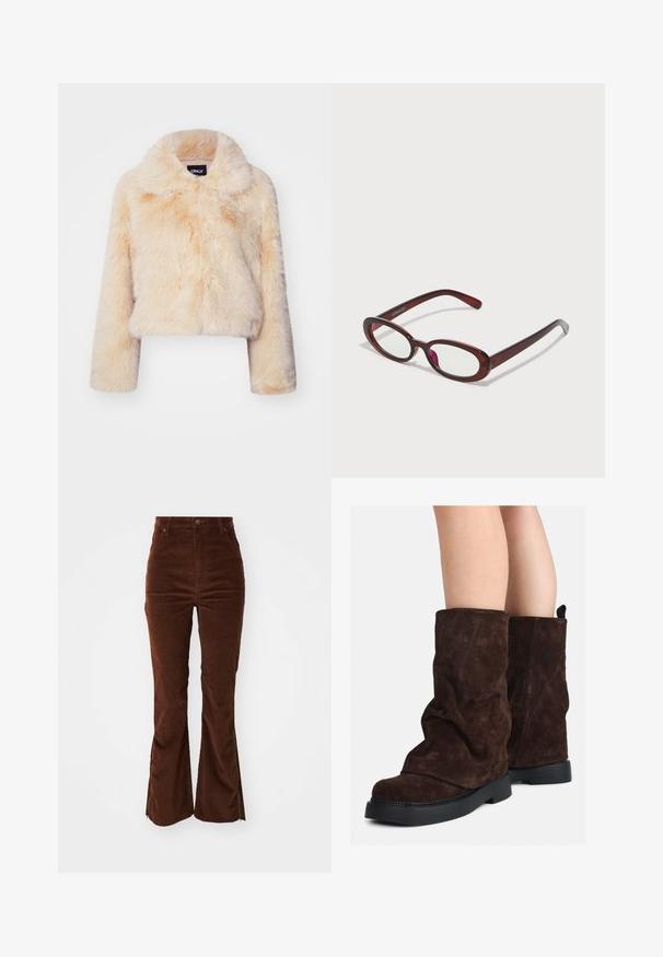 Faux fur cropped jakke i lys beige, med en bred krave og lange ærmer, der har en blød, fluffy tekstur og ingen synlige lukninger.; Brun fuzzy striktrøje med lange ærmer, en høj ribbet krave og en knaplukning med seks sorte knapper foran og på manchetterne.; Højtaljede brune fløjl-bukser med forlommer og vide ben, der har lynlåse langs de ydre sømme.; Brune ruskind støvler til midt på læggen med sorte gummisåler, båret på bar ben, med let rynkning på støvleskaftet.; Ovale røde solbriller med klare linser og slanke brune stel. Designet har subtile kurver og minimalt hardware.
