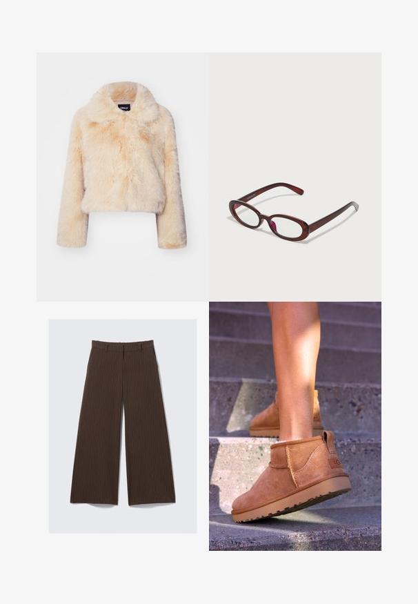 Sako z umělé kožešiny v světle béžové barvě, s širokým límcem a dlouhými rukávy, s měkkou, nadýchanou strukturou a bez viditelných zapínání.; Hnědý chlupatý pletený svetr s dlouhými rukávy, vysokým žebrovým límcem a knoflíkovou lištou se šesti černými knoflíky na přední části a manžetách.; Hnědé široké kalhoty s pruhy, s poutky na opasek, předním zipem a bočními kapsami, rozložené na světlém pozadí.; Světlé semišové kotníkové boty s měkkou strukturou, prošívanými detaily a gumovou podrážkou, s okrouhlým podpatkem pro snadné obouvání.; Ovalo tvarované červené sluneční brýle s průhlednými skly a elegantními hnědými rámy. Design má jemné křivky a minimální hardware.