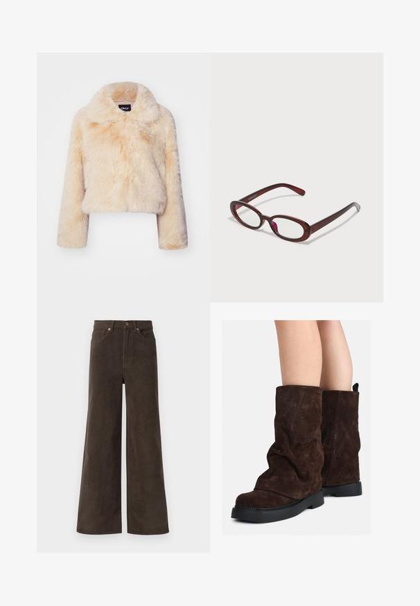 Sako z umělé kožešiny v světle béžové barvě, s širokým límcem a dlouhými rukávy, s měkkou, nadýchanou strukturou a bez viditelných zapínání.; Hnědý chlupatý pletený svetr s dlouhými rukávy, vysokým žebrovým límcem a knoflíkovou lištou se šesti černými knoflíky na přední části a manžetách.; Tmavě hnědé široké kordové kalhoty se předními kapsami, poutky na opasek a knoflíkovým zapínáním v pase.; Hnědé semišové kozačky po lýtka s černými gumovými podrážkami nošené na nahých nohách, s mírným pomačkáním na nohavicích.; Ovalo tvarované červené sluneční brýle s průhlednými skly a elegantními hnědými rámy. Design má jemné křivky a minimální hardware.