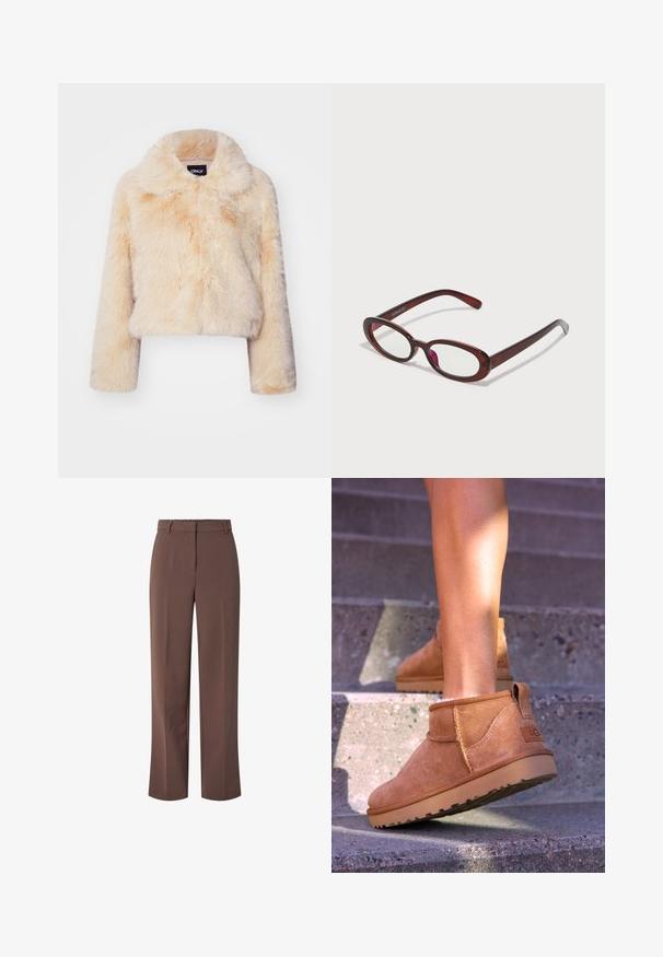 Iznimno kratka jakna od umjetnog krzna u svijetlo bež boji, koja se ističe širokim ovratnikom i dugim rukavima, s mekom, pahuljastom teksturom i bez vidljivih kopčanja.; Smeđi čupavi pleteni pulover s dugim rukavima, visokim rebrastim ovratnikom i dugmetima na prednjoj strani i manžetama s ukupno šest crnih dugmadi.; Smeđe visoko strukirane krojene hlače s petljicama za pojas i zatvaranjem na prednjem dijelu, s ravnim krojem nogavica.; Smešane čizme od tan velura s mekim tekstilom, sa šavnim detaljima i gumenim đonom, te petom s petljom za lako obuvanje.; Naočale u obliku ovala crvene boje s prozirnim staklima i elegantnim smeškim okvirom. Dizajn se odlikuje suptilnim zakrivljenjima i minimalnim hardverom.; Bijela kožna torba na preklop s zlatnom kopčom, s izrađenim dizajnom, kontrastnim rubovima i tankim podešivim remenom.