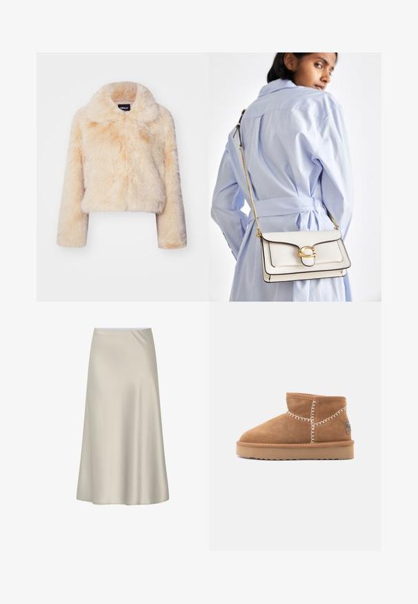 Mākslīgās zamšādas īsais mētelis gaiši bēšā krāsā, ar platām apkaklēm un garām piedurknēm, ar mīkstu, pūkainu tekstūru un bez redzamām aizdaru detaļām.; Vero Moda VMBOOM V NECK NOOS - Džemperis - birch melange; Ceļa garuma A formāta svārki no mīksta beidz krāsā, ar gludu tekstūru un vienkāršu, bez rotājumiem dizainu, ar elastīgu vidukli.; Brūni zamšādas potītes zābaki ar noapaļotu purngalu, baltu dekoratīvu šuvi un brūnganu gumijas zoli ar viļņveidīgu rakstu.; Balta ādas rokas soma ar zelta furnitūru, priekšējo vāciņu un melniem maliņām, ar ķēdes siksnu, kas valkāta pāri ķermenim pretī gaiši zilai krekliņam.