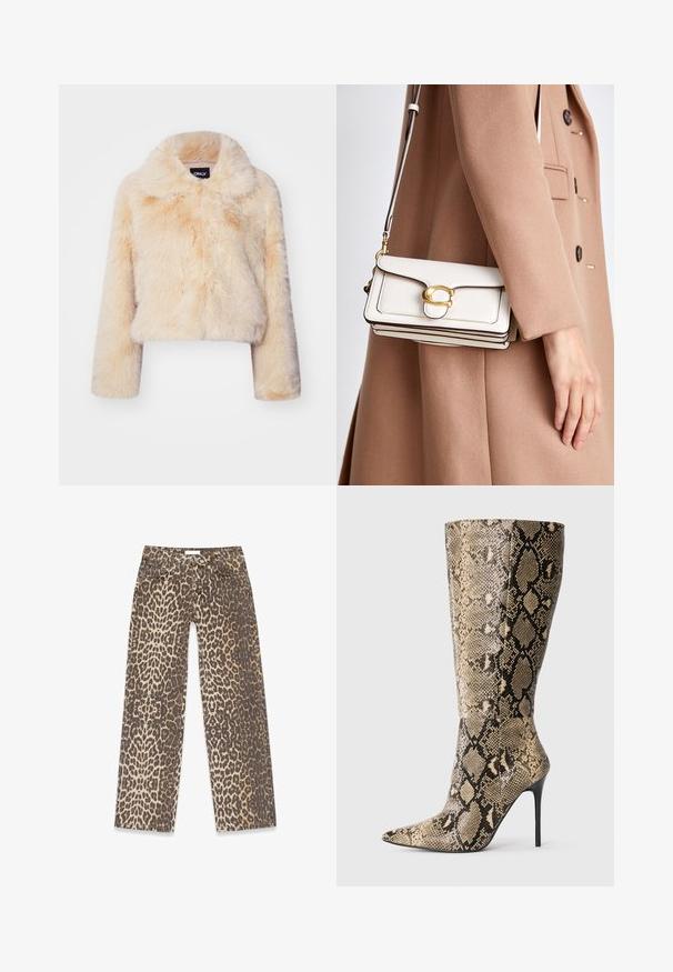 Faux fur kort jacka i ljusbeige, med en bred krage och långa ärmar, i en mjuk, fluffig textur och utan synliga knäppningar.; Vero Moda VMBOOM V NECK NOOS - Stickad tröja - birch melange; Jeans i leopardmönster med en neutral beige och brun färgpalett, rak bendesign och traditionella fickdetaljer.; Knähöga stiletto stövlar med spetsig tå och beige-svart orm mönster, visade från sidan på en ren bakgrund.; Vit läder crossbody-väska med ett guldspänne, med en strukturerad design, kontrasterande kanter och ett tunt justerbart band.