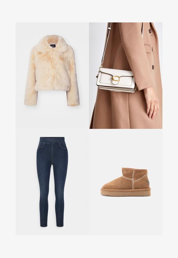 Veste courte en fausse fourrure couleur beige clair, dotée d'un large col et de manches longues, avec une texture douce et duveteuse et sans fermetures visibles.; Vero Moda VMBOOM V NECK NOOS - Pullover - birch melange; Jeggings en denim bleu foncé dotés d'une taille haute, d'une coupe slim et d'un léger dégradé. Comprend des poches avant et une texture lisse et douce.; Bottines en daim marron à bout rond, avec des coutures décoratives blanches et une semelle en caoutchouc beige ornée d'un motif de semelle en zigzag.; Sac en cuir blanc à bandoulière avec un fermoir en or, présentant un design structuré, des bords contrastés et une fine sangle ajustable.