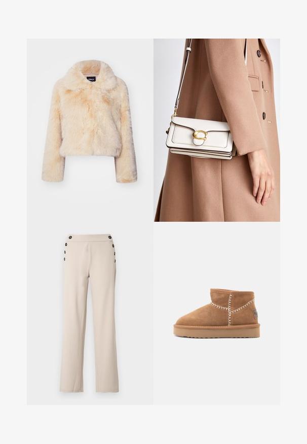 Faux-Fur-gekürzte Jacke in hellem Beige, mit breitem Kragen und langen Ärmeln, einer weichen, flauschigen Textur und ohne sichtbare Verschlüsse.; Vero Moda VMBOOM V NECK NOOS - Strickpullover - birch melange; Beige maßgeschneiderte Hose aus glattem Stoff, mit geradem Bein, hohem Bund und sechs schwarzen Knopfakzenten an der Seite.; Braune Wildleder-Stiefeletten mit runder Zehenform, weißer Dekorstichnaht und einer sandfarbenen Gummisohle mit einem Zickzack-Profil.; Weiße Leder-Crossbody-Tasche mit einem goldenen Verschluss, zeichnet sich durch ein strukturiertes Design, kontrastierende Kanten und einen dünnen verstellbaren Trageriemen aus.