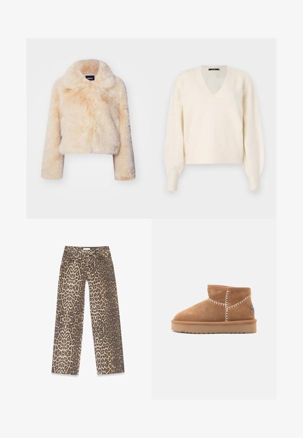 Nepbont cropped jas in lichtbeige, met een brede kraag en lange mouwen, een zachte, fluffy textuur en zonder zichtbare sluitingen.; Vero Moda VMBOOM V NECK NOOS - Trui - birch melange; Denim jeans met luipaardprint, gekenmerkt door een neutraal beige en bruin kleurpalet, rechte pijpen en traditionele zakdetails.; Bruine suède enkelboots met een ronde neus, witte decoratieve stiksels en een tan rubberen zool met een zigzagprofiel.