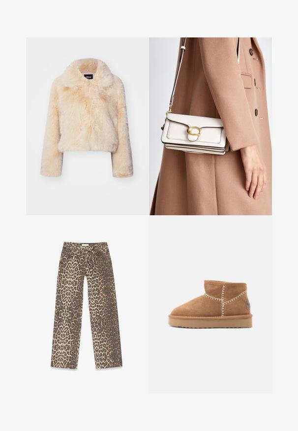 Nepbont cropped jas in lichtbeige, met een brede kraag en lange mouwen, een zachte, fluffy textuur en zonder zichtbare sluitingen.; Vero Moda VMBOOM V NECK NOOS - Trui - birch melange; Denim jeans met luipaardprint, gekenmerkt door een neutraal beige en bruin kleurpalet, rechte pijpen en traditionele zakdetails.; Bruine suède enkelboots met een ronde neus, witte decoratieve stiksels en een tan rubberen zool met een zigzagprofiel.; Witte leren schoudertas met een gouden sluiting, met een gestructureerd ontwerp, contrasterende randen en een dunne verstelbare schouderband.