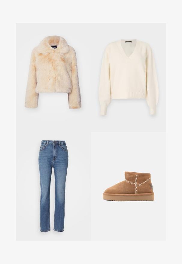 Iznimno kratka jakna od umjetnog krzna u svijetlo bež boji, koja se ističe širokim ovratnikom i dugim rukavima, s mekom, pahuljastom teksturom i bez vidljivih kopčanja.; Vero Moda VMBOOM V NECK NOOS - Vesta - birch melange; Traperice plave boje visokog struka s ravnim fitom, sa suptilnim blijeđenjem, klasičnim dizajnom s pet džepova i kopčanjem na dugme.; Smeđe antilop čizme do gležnja s okruglim prstom, bijelim dekorativnim šavovima i bež gumeni potplat s uzorkom u obliku cik-cak.